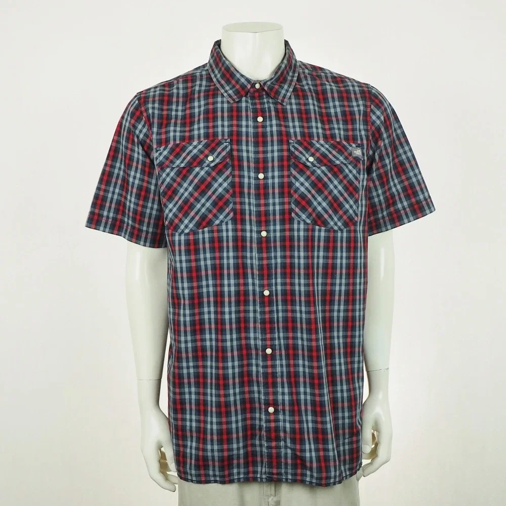 The North Face Pearl Snap Shirt Mens Sz XL Navy Blue Plaid Cotton Blend Outdoor